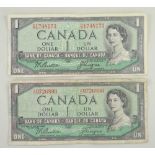 TWO CANADA ONE DOLLAR signed Beattie & Coyne, Ottawa 1954 (2)