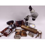 CAMERAS & BINOCULAR MICROSCOPE, sundry copper pennies and a pump