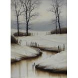 MICHAEL JOHN HILL (b.1956) oil on board - winter scene with river and trees, entitled 'Sussex in