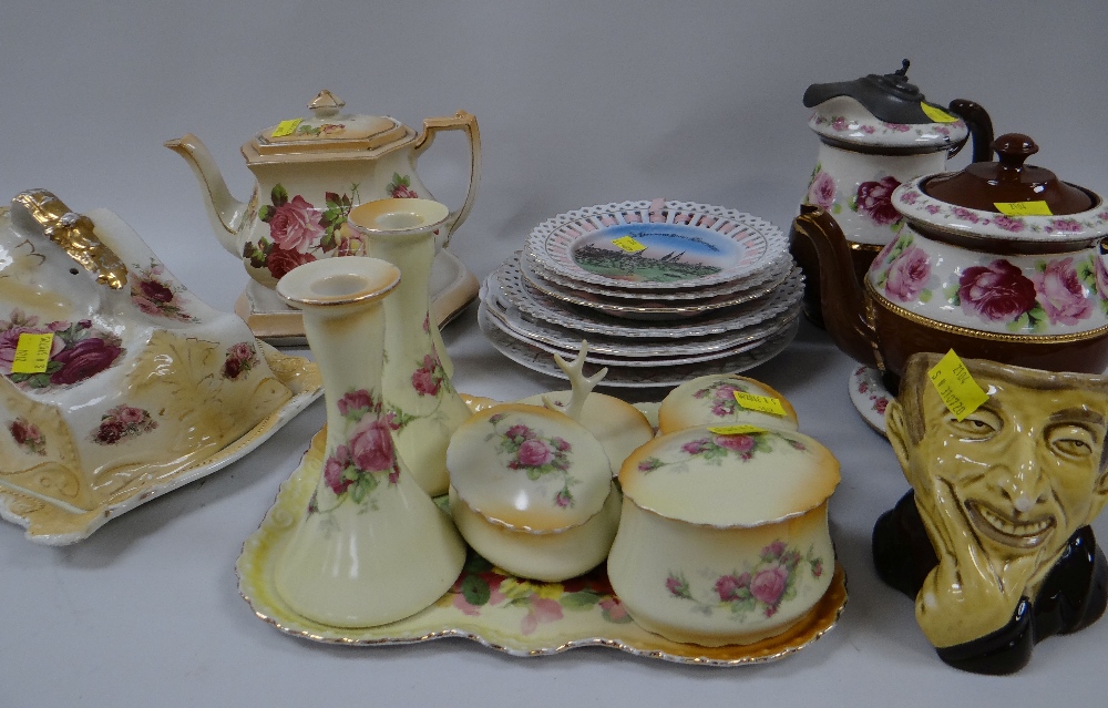 ASSORTED DECORATIVE CERAMICS including German ribbon plates, Uriah Heep character jug, dressing