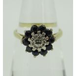 18CT GOLD DIAMOND & SAPPHIRE FLOWER CLUSTER RING, 3.5gms.