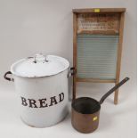 VINTAGE ENAMELED TIN BREAD BIN, Canadian wash board and a copper saucepan