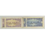 TWO WORLD WAR II PRISON-CAMP BANK NOTES, Prisoner of War Camp, Clement Town, One Anna and Four