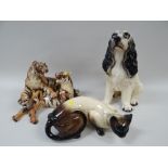 THREE LARGE CHINA FIGURINES OF ANIMALS including seated spaniel, tigers, Persian cat