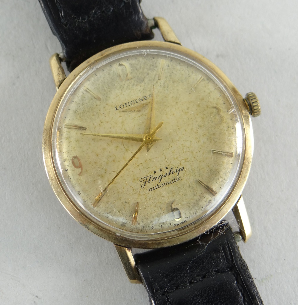 LONGINES FLAGSHIP AUTOMATIC GENTS 9CT GOLD WRISTWATCH, the back engraved 'Rhodd hufenfa de arfon I