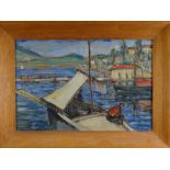 EARLY 20TH CENTURY CONTINENTAL SCHOOL oil on board - fishing boat in harbour, 32 x 48cms