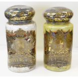 TWO VERY LARGE VICTORIAN GLASS APOTHECARY JARS & COVERS, gilt decorated with Royal Coat of Arms, one