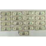 SELECTION OF USA BANK NOTES to include 13 x one dollar notes, 1 x ten dollar notes, 1 x twenty