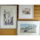 W. DES HAWKINS watercolours - Church Street, Cardiff: Tenby Harbour: Honfleur Harbour, signed,