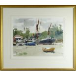 JOHN YARDLEY RI (b.1933) watercolour - moored fishing boats at low tide, entitled verso 'High and