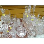 ASSORTED CUT GLASSWARE including four decanters, various vases, bell's ETC