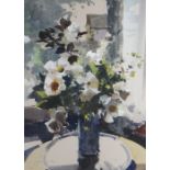 JOHN YARDLEY watercolour - still life of flowers in a vase on a tray, signed, 58 x 42cms