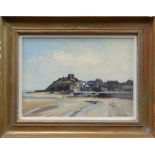 IAN HOUSTON (b.1934) oil on board - view across beach looking towards Criccieth Castle, entitled