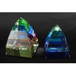 TWO SWAROVSKI PYRAMID PAPERWEIGHTS, IN GREEN (2)