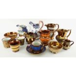 COLLECTION OF ANTIQUE ASSORTED POTTERY JUGS, mainly copper lustre, two ironstone ETC (14)