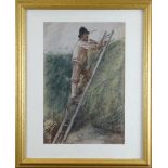 FOLLOWER OF EDWARD STOTT pastel - gardener on ladder trimming hedge, bears signature, 41 x 27cms