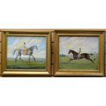 PAIR OF LATE TWENTIETH CENTURY EQUESTRIAN oil on boards - with jockeys on race horses, signed Ja.