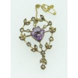 9CT GOLD AMETHYST & SEED PEARL BROOCH, 5.6gms in 'Crouch' of Swansea box