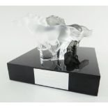 MODERN LALIQUE PAIR OF FROSTED GLASS MODELS OF GALLOPING HORSES, one clear, one black, on square