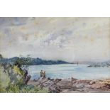 ROBERT EADIE RSW (1877 - 1954) watercolour - coastal scene with two fishermen, 25 x34cms