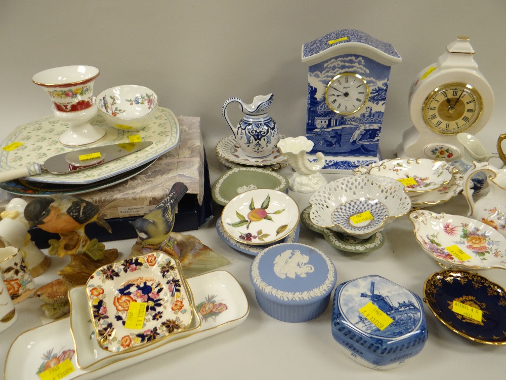 ASSORTED CERAMICS including two German bisque bird figurines, Spode Italian pattern clock ETC