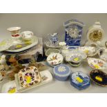 ASSORTED CERAMICS including two German bisque bird figurines, Spode Italian pattern clock ETC