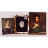 19TH CENTURY OVAL PORTRAIT MINIATURE OF A LADY WITH PEARLS & LACE HEADBAND, 8cms, and two other