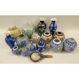 ASSORTED CHINESE PORCELAIN JARS, VASES & GREEN HARDSTONE HANDLED MIRROR