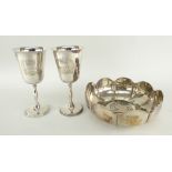 QUEEN ELIZABETH II SILVER JUBILEE COMMEMORATIVE SILVER, comprising pair of goblets and a rose bowl