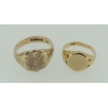 9CT YELLOW GOLD SIGNET RING together with another similar yellow metal signet ring, 11.9 grams