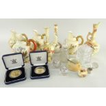 ASSORTED ROYAL WORCESTER BLUSH IVORY PORCELAIN, JUGS, VASES ETC., two silver mounted cut glass jars,