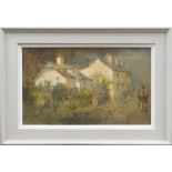 ANDREW DOUGLAS-FORBES oil on board - figure walking on pathway in front of cottages, entitled