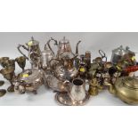 ASSORTED METALWARE including brass kettle, plated coffee pots ETC