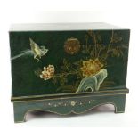 MODERN CHINESE GREEN LACQUERED & PAINTED COFFER ON STAND, 56cms wide