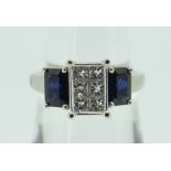 14K WHITE GOLD SIX STONE DIAMOND & SAPPHIRE RING, 4.2gms, in box