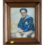 19TH CENTURY ENGLISH SCHOOL watercolour - Veteran sailor with model yacht, 27 x 22cms