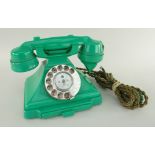 G.P.O. 232-SERIES EMERALD GREEN BAKELITE TELEPHONE CIRCA 1962, braided cord, alphabet dial, exchange