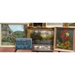 ASSORTED OIL PAINTINGS including early 20th Century school of bluebell wood, indistinctly signed, 34