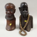 TWO EAST AFRICAN CARVED HARDWOOD BUSTS OF TRIBES PEOPLE & BRASS NECKLACE