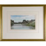 JOSEPH KNIGHT RI, RCA, ARPE (1837 - 1902) watercolour - river scene with high embankment, signed, 12