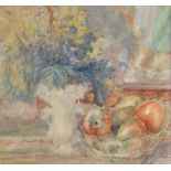 G STANISLAV SHULTZ watercolour - still-life of cut flowers in a vase with bowl of fruit on