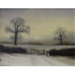 MICHAEL JOHN HILL (b.1956) oil on board - winter scene with gate and two trees, signed and dated