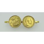 PAIR OF EDWARD VII GOLD HALF SOVEREIGNS ON YELLOW METAL BAR BROOCH, both dated 1907, together with