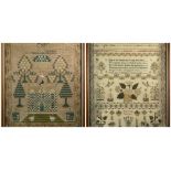 TWO EARLY 19TH CENTURY NEEDLEWORK SAMPLERS, one by Elizer Field dated April 1826 decorated with