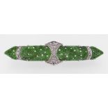 WHITE METAL PIERCED JADE & DIAMOND CHIP OBLONG BROOCH, believed 18ct white gold and platinum, 6cms