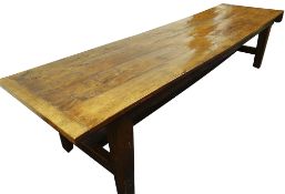 LARGE ANTIQUE JOINED OAK REFECTORY TABLE, four plank top with cleated ends above edge moulded frieze