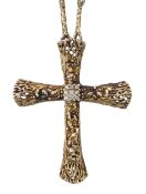 LARGE 9CT YELLOW GOLD BARK EFFECT CROSS PENDANT SET WITH NINE CENTRAL PASTE STONES on a twig