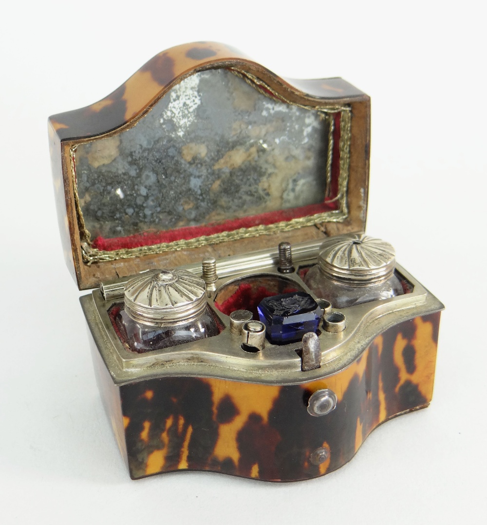 GEORGE III TORTOISESHELL SERPENTINE LADIES WRITING BOX circa 1820, fitted interior including - Image 2 of 4