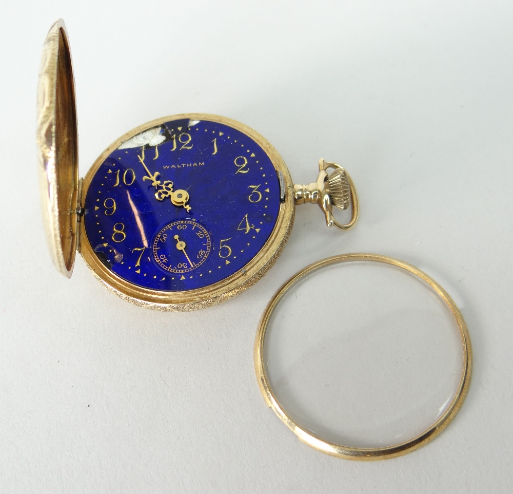 14K YELLOW GOLD FULL HUNTER POCKET WATCH BY WALTHAM having cobalt blue enamel face with subsidiary - Image 2 of 4