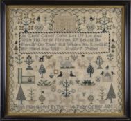 GEORGE IV NEEDLEWORK SAMPLER decorated with house, trees, birds, animals around central biblical